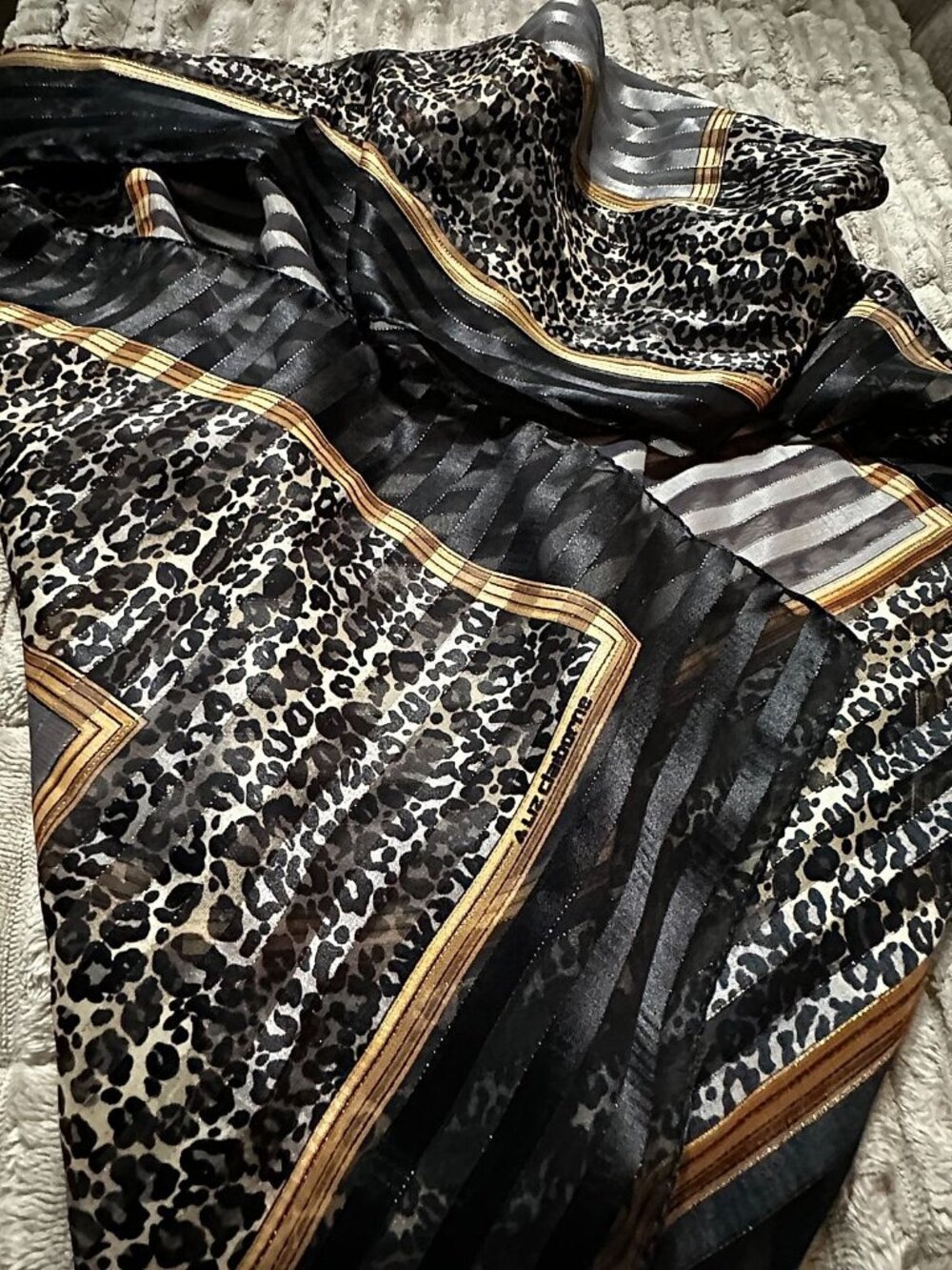 Liz Claiborne Black, Grey & Gold Leopard Print Silk Scarf